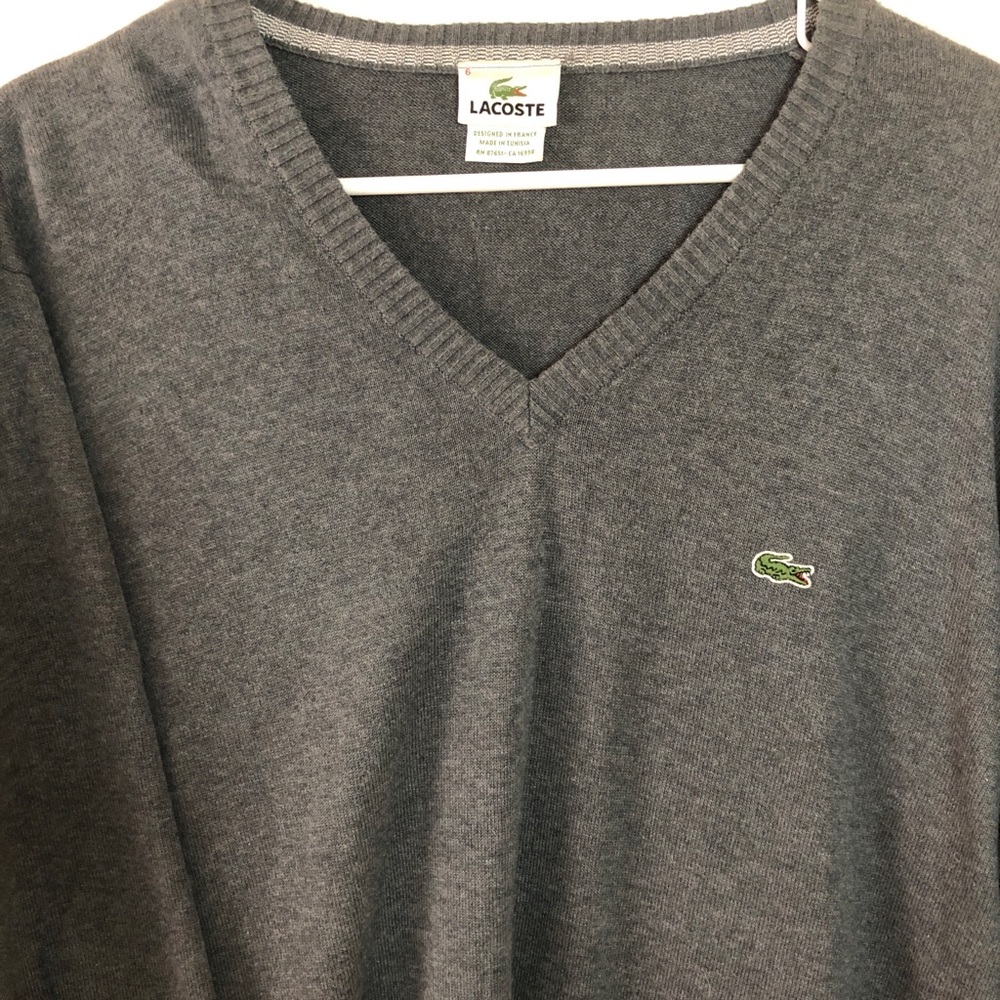 LACOSTE Mens Grey Long Sleeve V-Neck Sweater